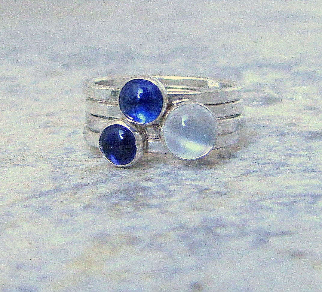 Moonstone Kyanite Rings Iolite Silver Stacking Rings Birthstone Rings Mothers Rings Gemstone Stacking Rings-Twilight