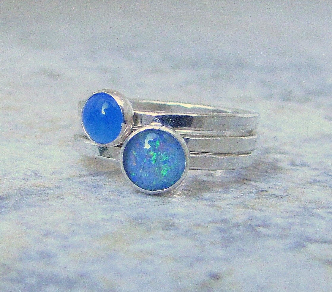 Opal Stacking Rings Blue Chalcedony Ring Set Birthstone Rings Mothers Rings Gemstone Stacking Rings-Sky Dreams