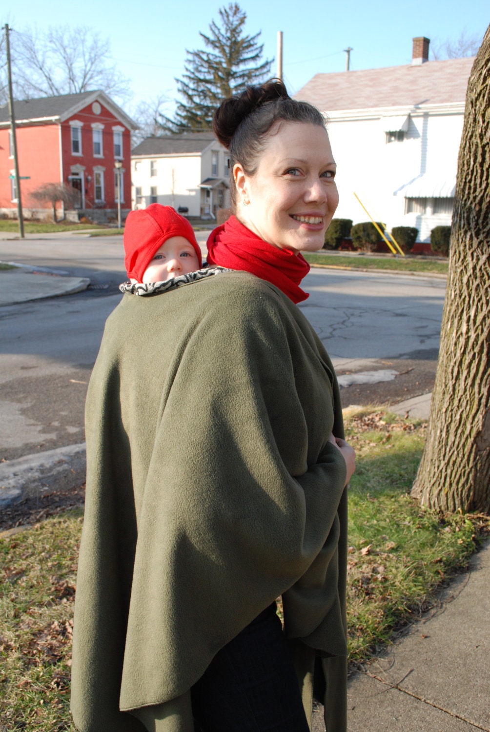 Fleece Poncho Maternity Coat Babywearing Jacket Wrap around in Forest Green - Made to Order