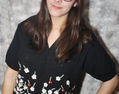 vintage black floral cherry embroidered short sleeve sweater by JH Collectibles