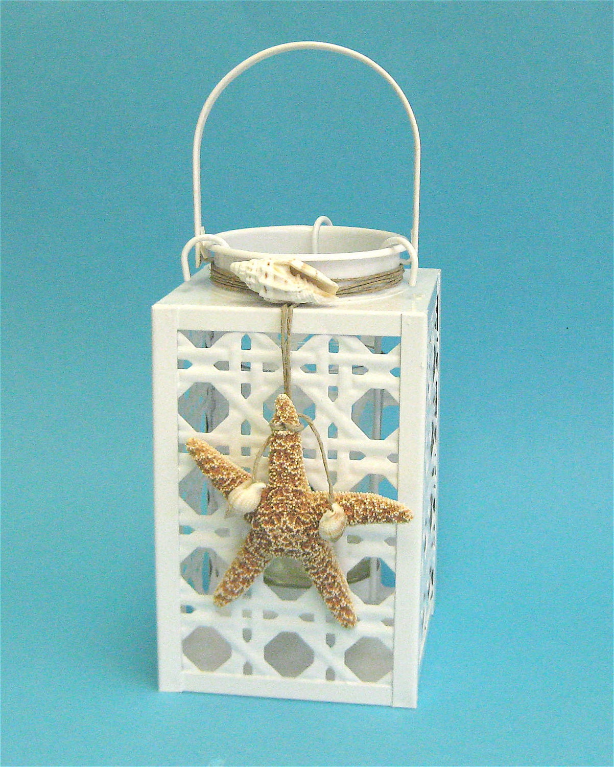 Beach Decor - White Lantern with Starfish and Seashells
