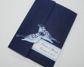 Navy Blue Vintage Love Birds Pocketfold Wedding Invitation Pocket Fold