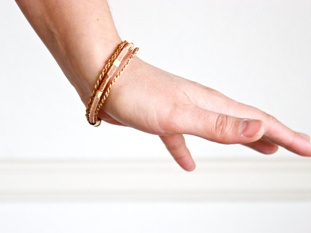 Leather and Metallic braided textile bracelet Copper tone and Brass