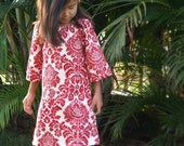 Girls Peasant Dress Peppermint Red Damask  6mos to 12 - HotLavaClothing