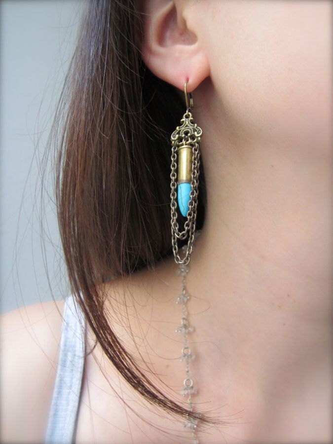 Swingy Turquoise Bullet Earrings - Handmade Bullet Jewelry with Antique Brass Chain Loops