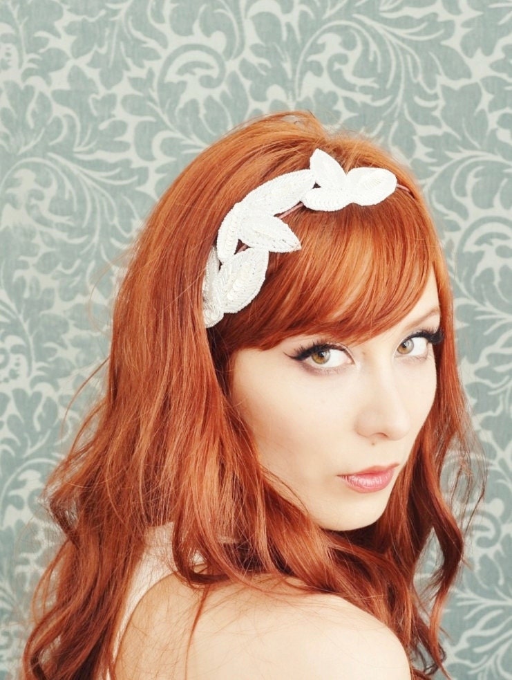 Bridal headband, white beaded leaf head piece, wedding hair accessories - amor fati