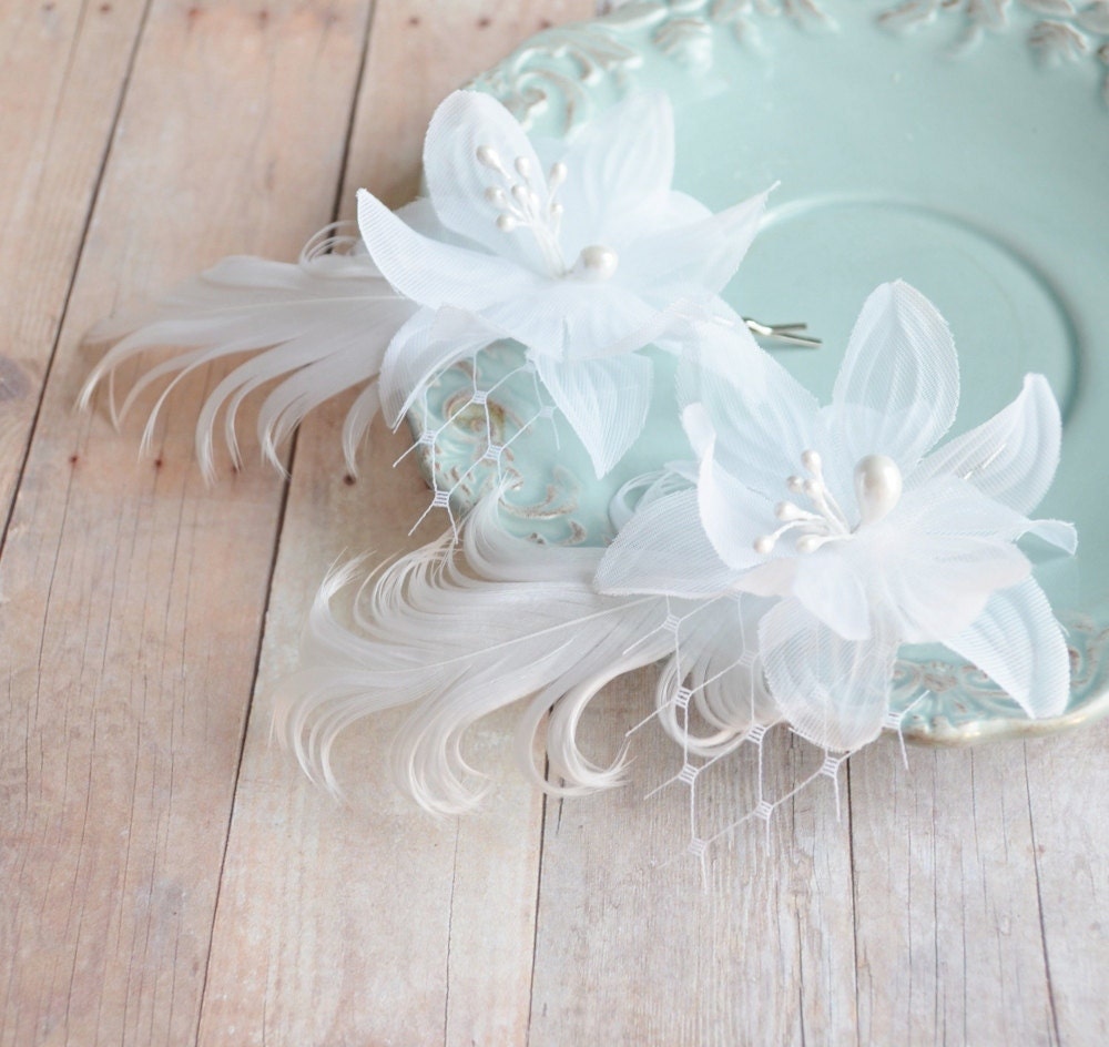 Bridal hair clips, wedding bobby pins, white flower and feather clip set, hair accessories - only a whisper