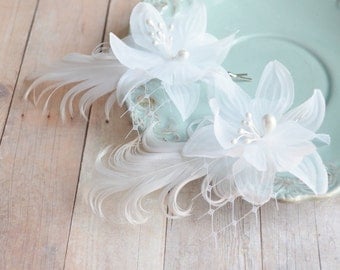 Bridal hair clips, wedding bobby pins, white flower and feather clip set, hair accessories - only a whisper