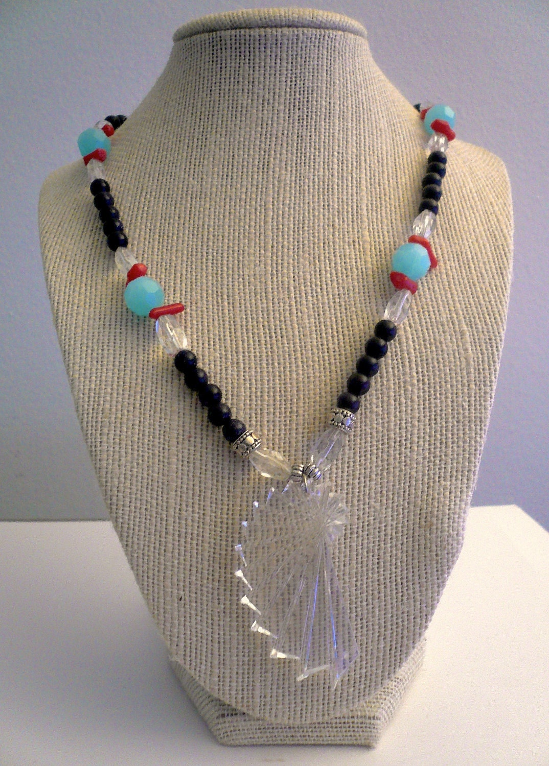 SALE... Vintage Nautical Blue Sandstone with Coral Necklace.