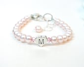Baby Bracelet - Pink Freshwater Pearl Bracelet with Initial Heart for Girl, Toddler or Baby - pickledbeads