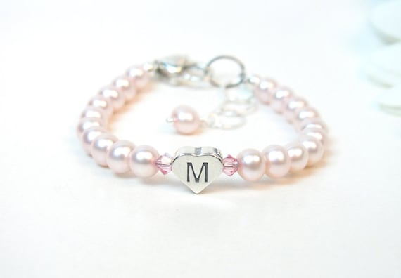 Baby Bracelet - Pink Freshwater Pearl Bracelet with Initial Heart for Girl, Toddler or Baby