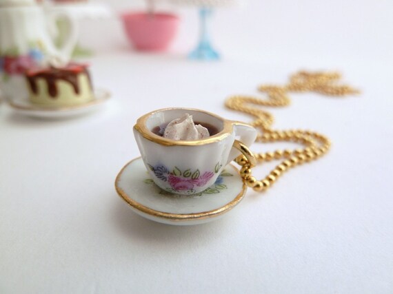 Alice In Wonderland Necklace miniature cup of coffee Charm with whipped cream fake cupcake white frosting time for tea party birthday girls