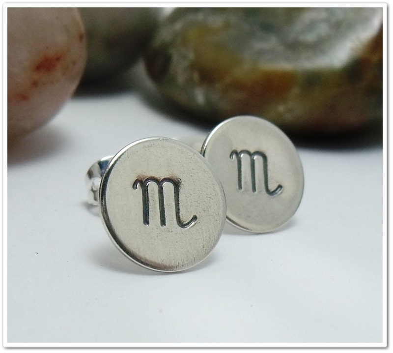 SALE -Hand Stamped Earrings - Zodiac Sterling Silver Post Earrings