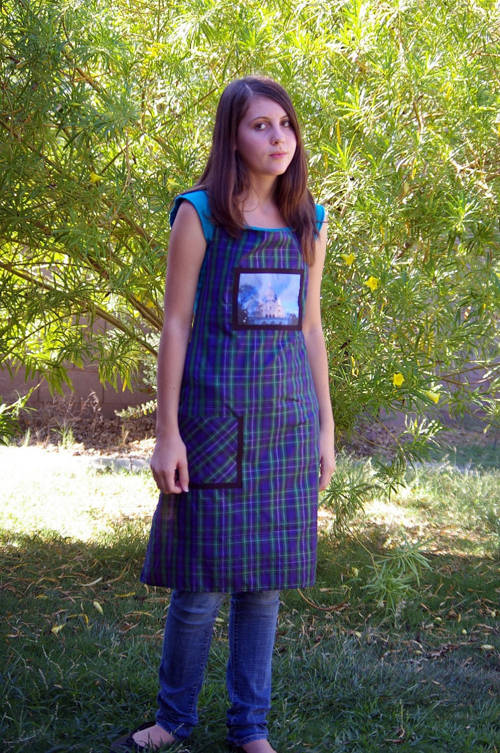 Handmade Apron Blue, Green, Silver Plaid, "Le Sacre Coeur" Paris, Photo Embellished