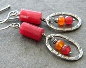 Ruby Jade Carnelian Sterling Silver Earrings Oxidized Oval Hoop Orange Raspberry