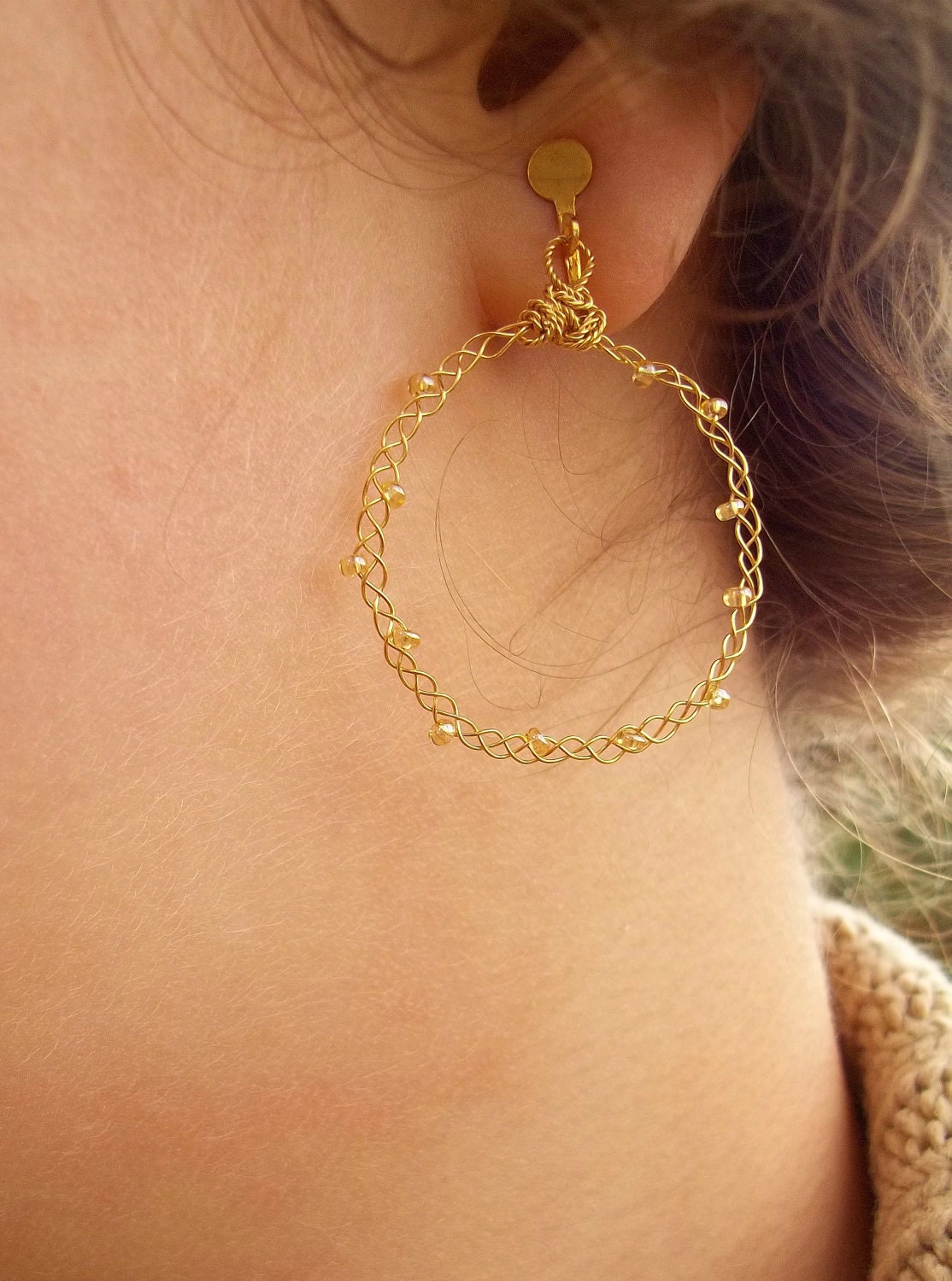 Clip On Earrings Little Gold Braided Wire Hoops with Light Gold Beads-made to order