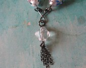 Boho, Chic, Modern Necklace, Vintage Lampwork Beads, Sterling Silver, Glass Beaded, Blue Glass, Foil, Tassel Necklace