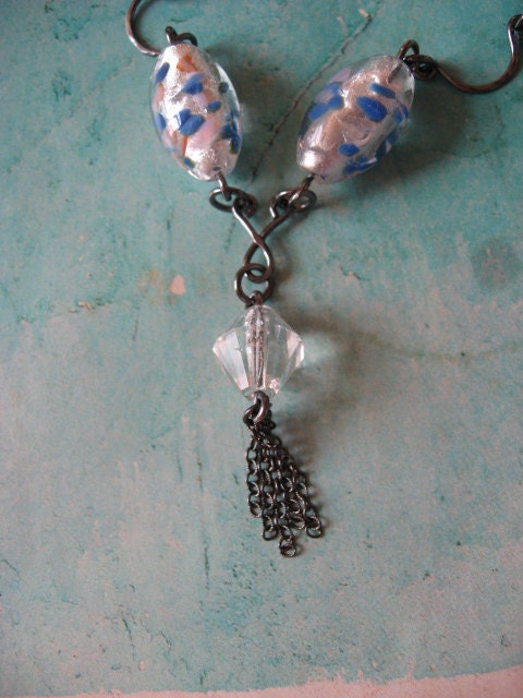 Boho, Chic, Modern Necklace, Vintage Lampwork Beads, Sterling Silver, Glass Beaded, Blue Glass, Foil, Tassel Necklace