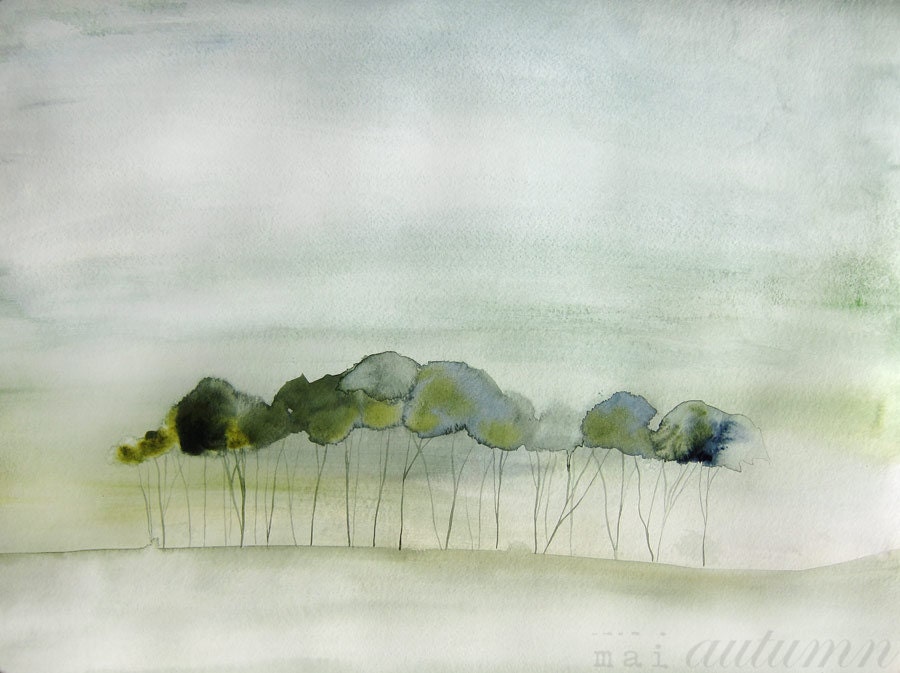 30% Off SALE - Landscape Painting - Quiet - Watercolor - 11x14 Giclee Print of Original Painting - Landscape with Green Trees