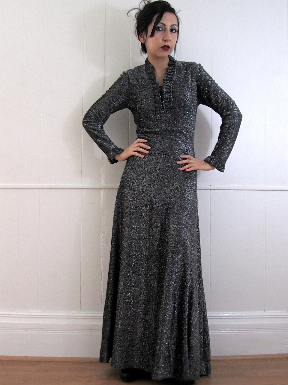 Vintage 60's Ruffled Collar Metallic Sparkle Glam Empire Maxi Dress S