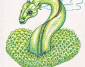 In Turn  illustration 6.5 x10 print Heart shaped green scaly ball of dragon