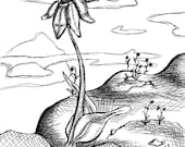 Wilt Original Ink Drawing Hanging on with a heart, firmly rooted surreal flower landscape illustration black and white
