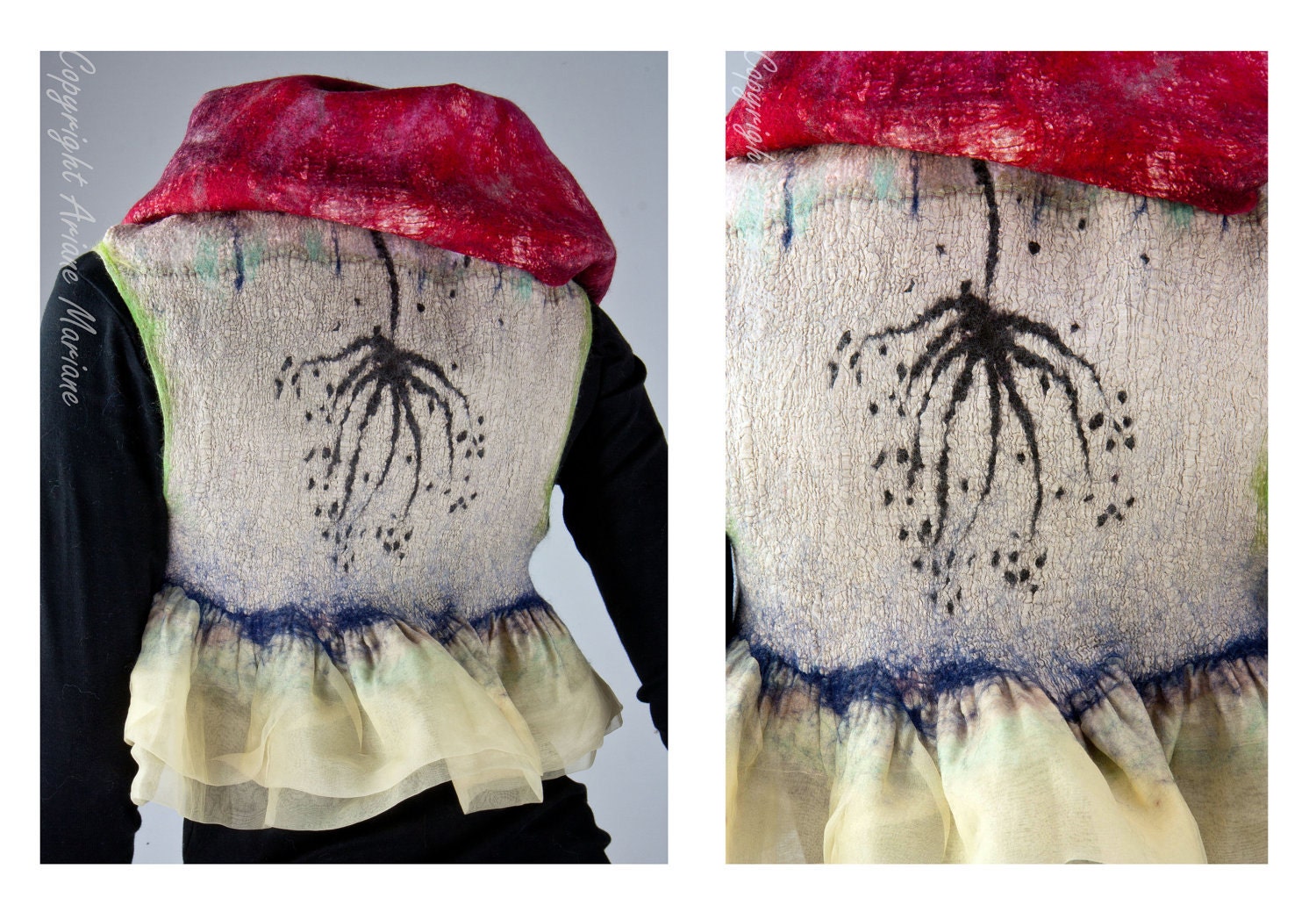masterpiece nuno felted fiber art clothing, convertible woman vest, bolero shrug wrap, silk wool cotton, pastel colors / Size S