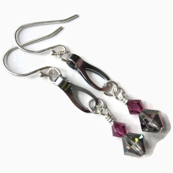 Swarovski Crystal Earrings, Wire Wrapped, Sterling Silver, Chrome, Beaded, Fuchsia, Pink, Bright, Dangle, Sparkle, Shiny, Rainbow, Colorful