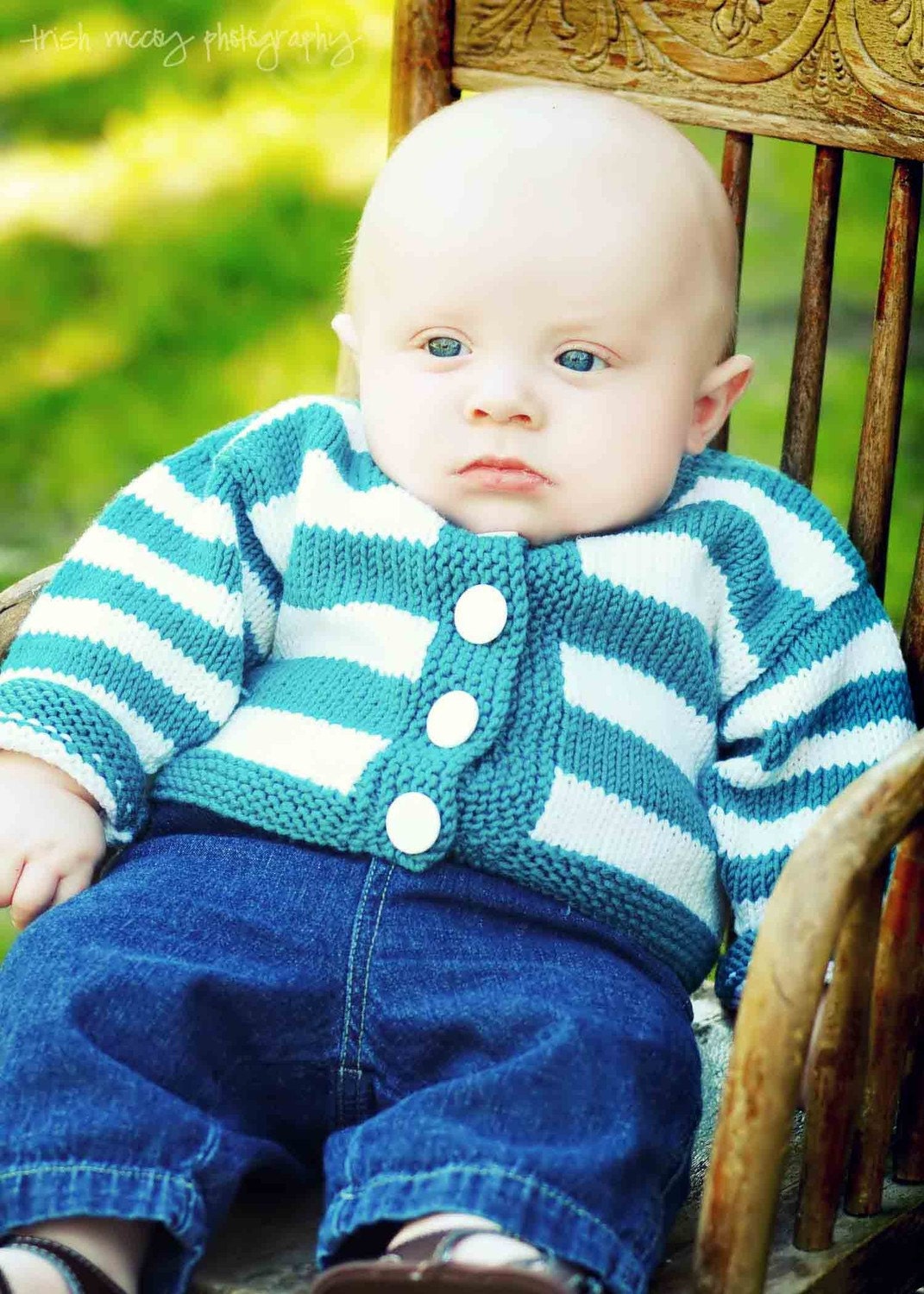 Childrens Clothing -- Hand Knit Baby Sweater, Unisex -- ONTARIO PLACE -- Aqua and White Striped Cardigan -- Perfect for Winter