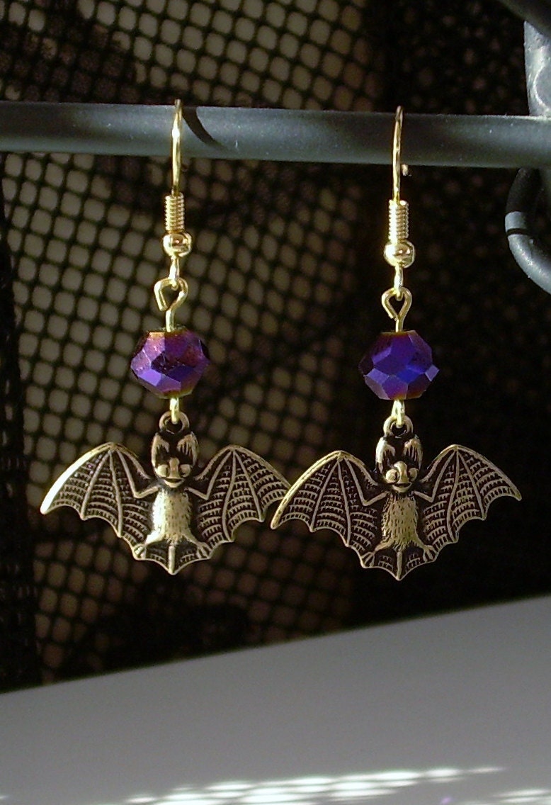 Gothic Vampire Bat PURPLE Crystal Dangle Earrings
