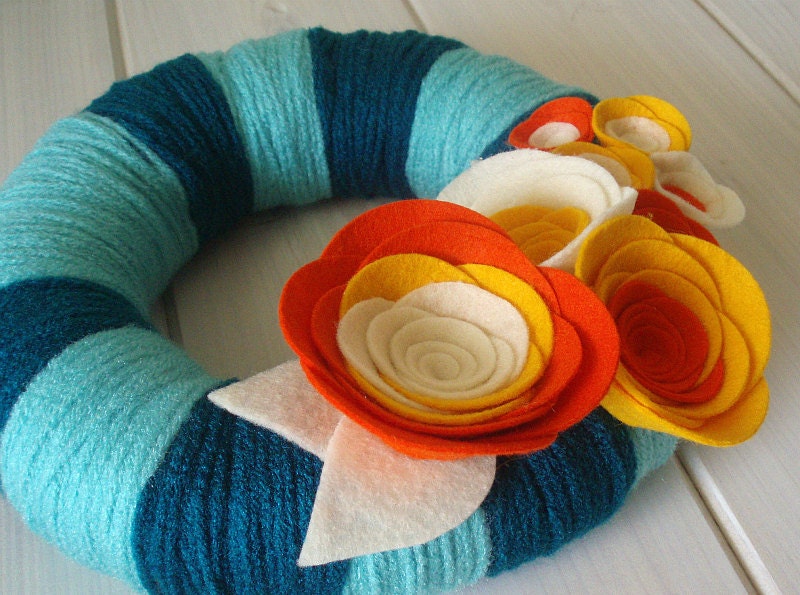 Yarn Wreath Handmade Front Door - Orange And Cream 8in.