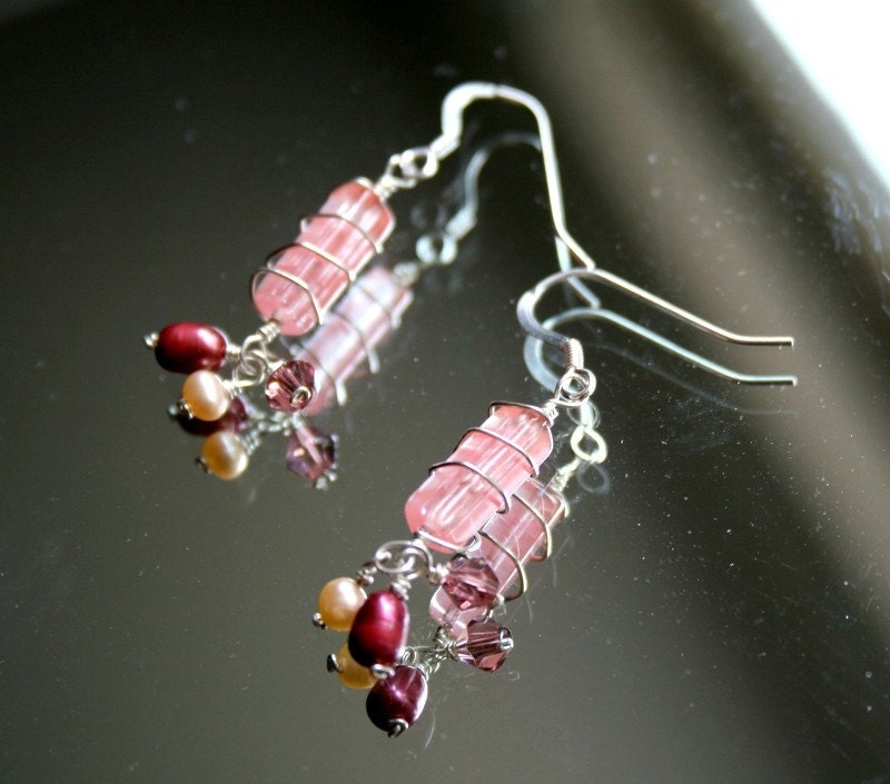 Pink Curly silver earrings with burgundy fresh water pearls, swarovski crystals and peach quartz, small and bright