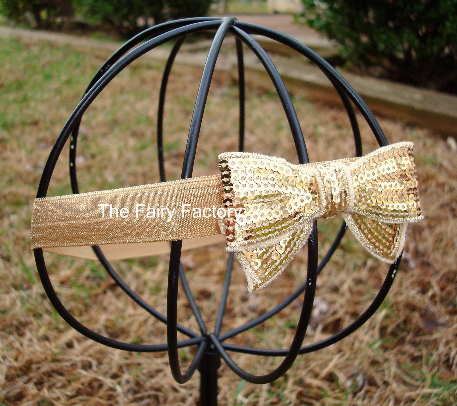 Gold Headband - Dainty Gold Sequin Bow Stretchy Shimmer Headband or Hair Clip - Baby Headband - Child Girls Headband
