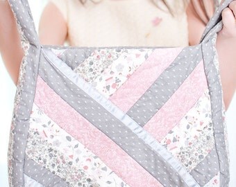 Pink and Grey Calico Quilted Messenger Bag - Vintage 1970s Bag