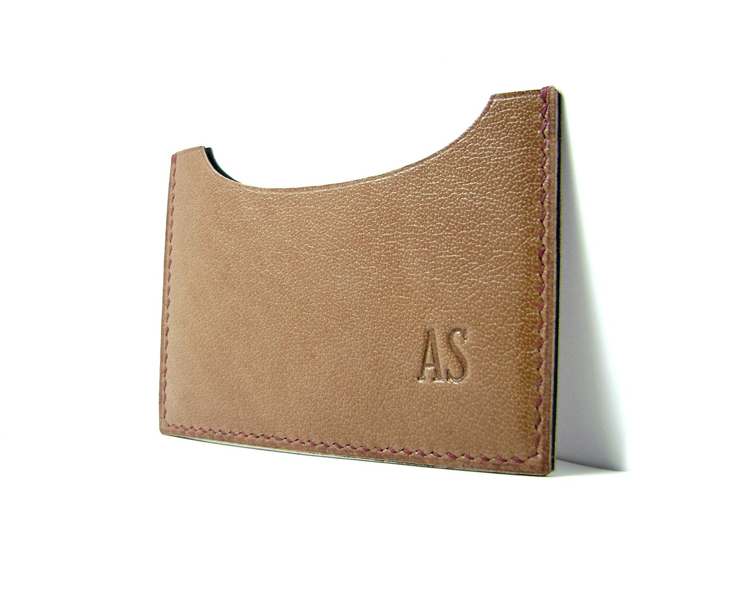 Monogrammed Honey Brown Leather Card Case - personalized - horizontal
