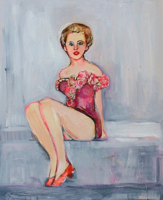 Pinup Girl Valentine: Original Painting, Retro Bathing Suit Beauty Queen in Pink Flowers