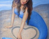 Mermaid art poster heart sea Goddess PRINT of blue mermaids painting