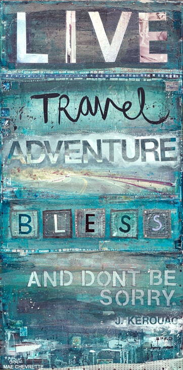 Live Travel Adventure Bless - large paper print - inspirational travel artwork, word art typography poster, teal, turquoise