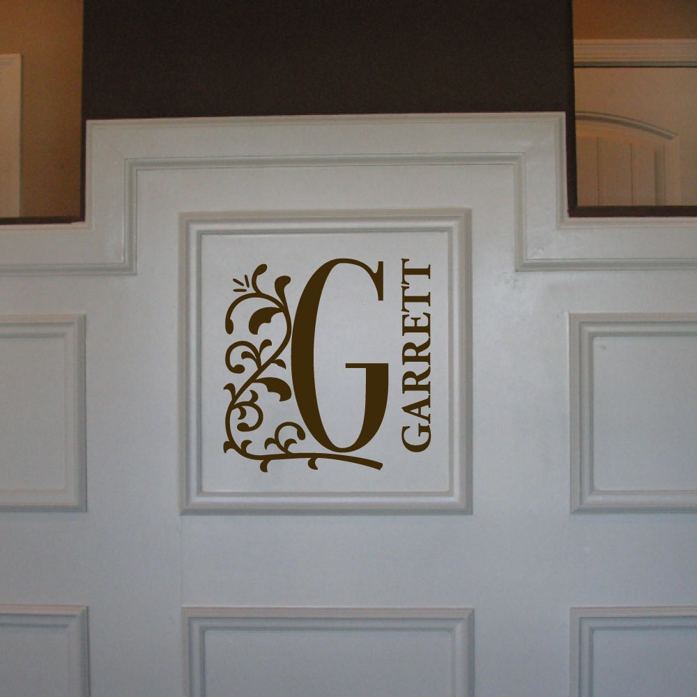 MONOGRAM Initial with Personalized NAME and Scrolling Vine Accent  for Bedroom, Living Room, Family Room vinyl wall lettering decal (W00405)
