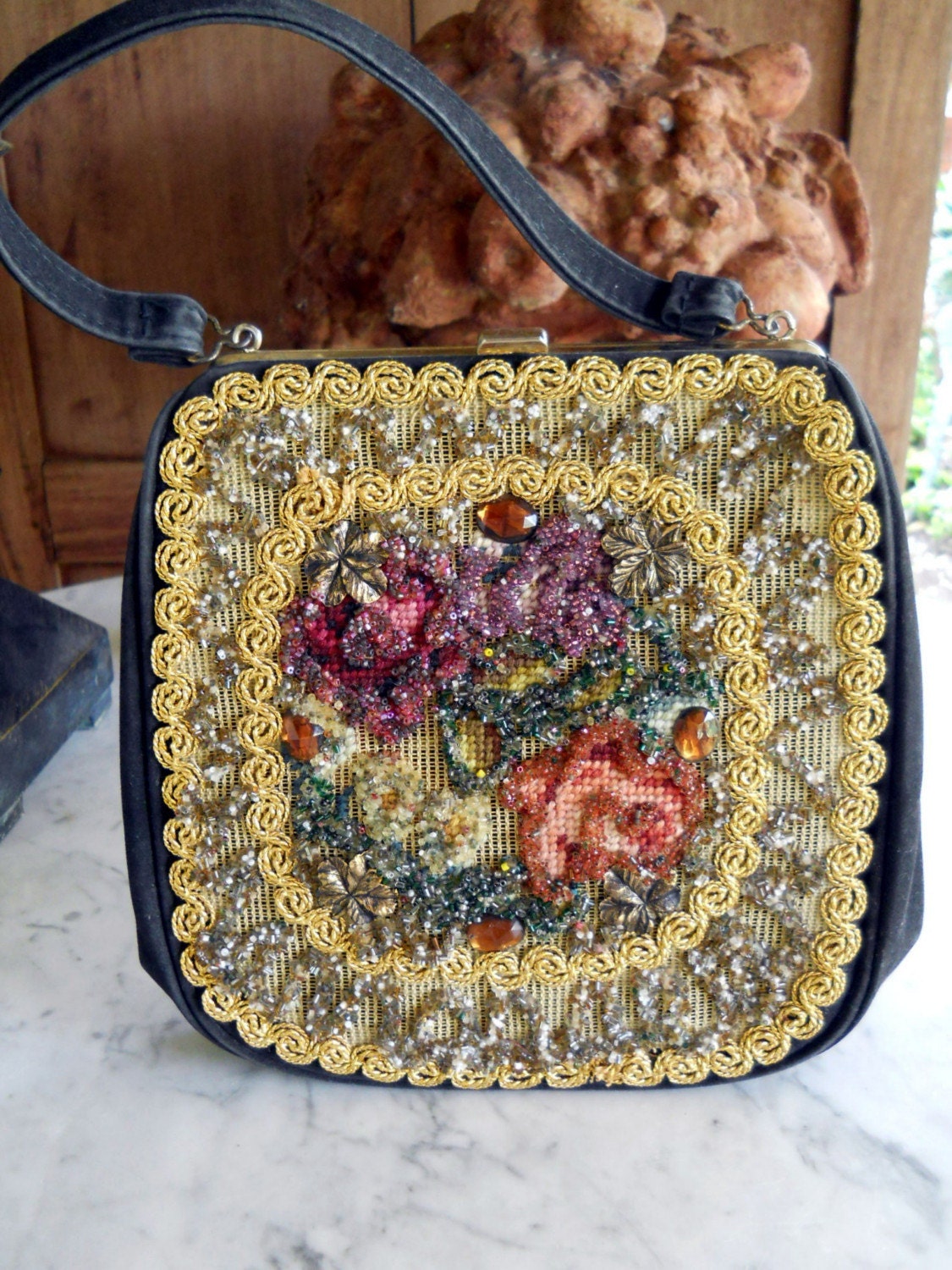 Ornate Bead Decorated Black Velvet Purse (1950s)