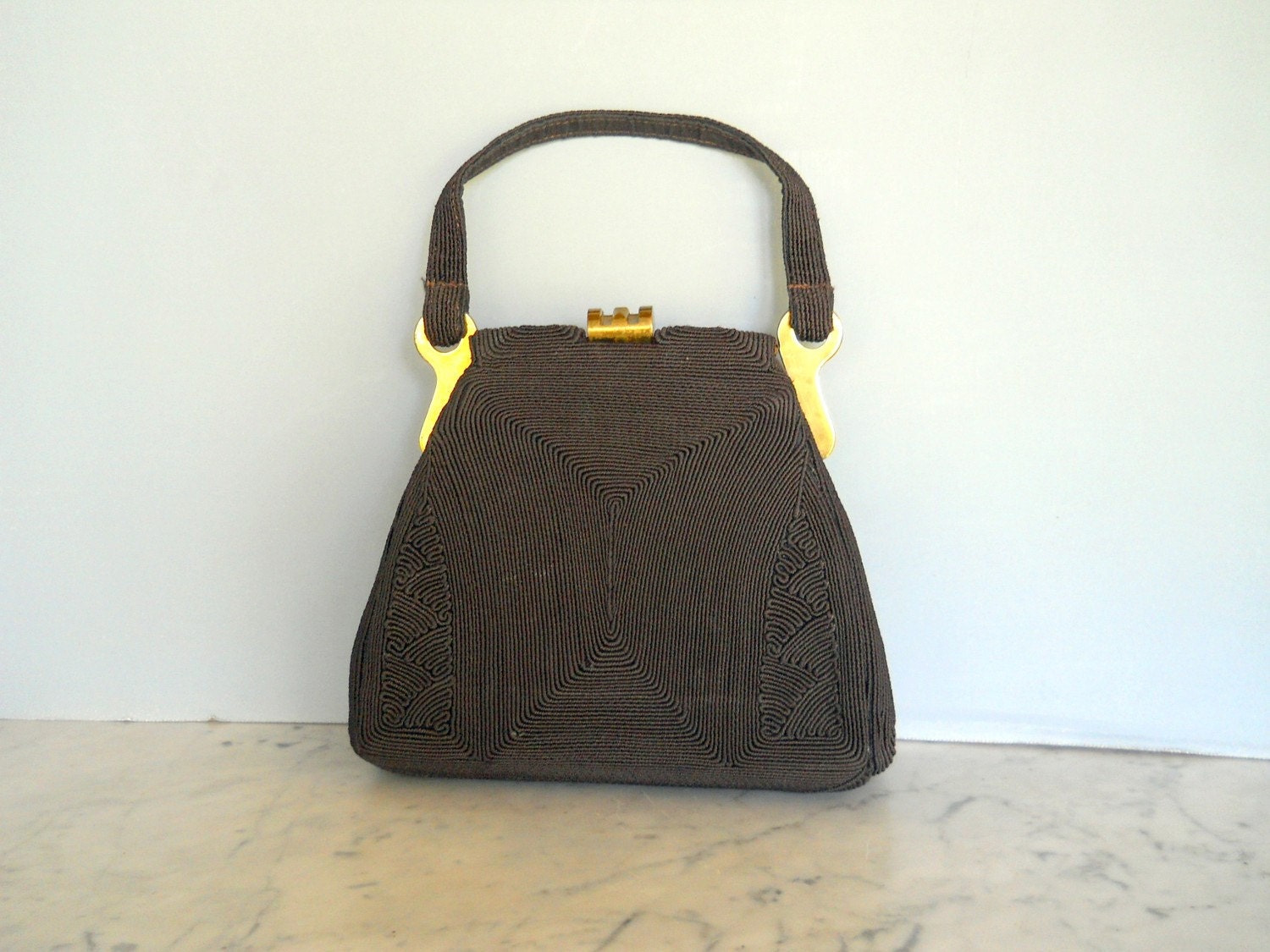 1940s Brown Corded Handbag (Hollywood Handbag Co.)