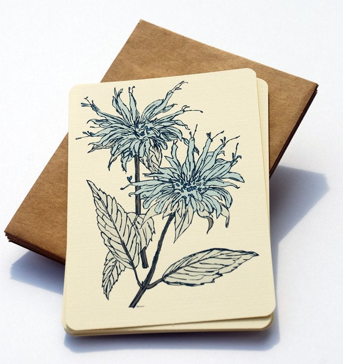 Wildflower Notecards in Blue and Cream -Set of 6 flat Notecards and Kraft Envelopes