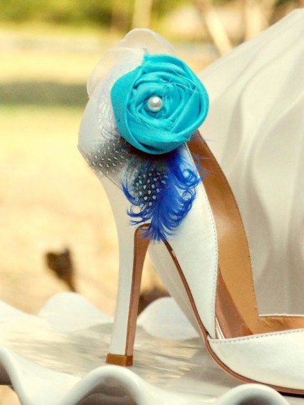 Shoe Clips Tiffany Turquoise Royal  Blue & Guinea Feathers. Aqua Opal Fabric, Ivory / White Pearl, Couture Spring, Bride Bridal Bridesmaids