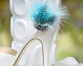Shoe Clips Something Blue Cockatoo Feathers. Big Day Bride Bridal Bridesmaid Pin, Couture Stunning Elegant, Light Black Turquoise Tiffany