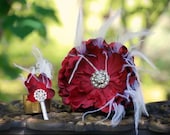 PIN or Hair Clip Red White Feathered Flower & Rhinestone. Bridesmaid Bride Bridal Big Day, Sophisticated Floral Statement Accessory Gift