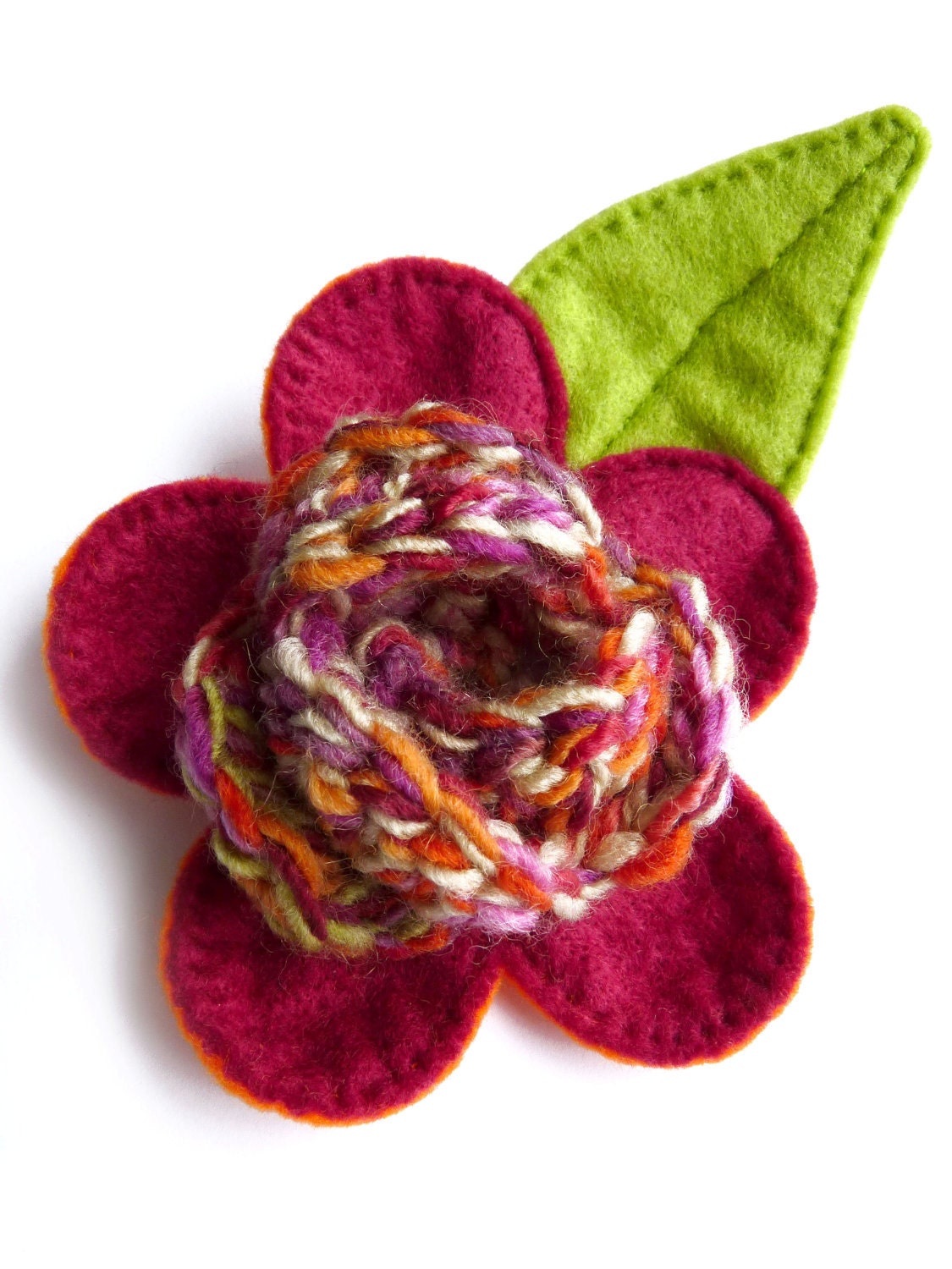 Crochet Flower Brooch with Felt - Womens Multi Coloured Statement Accessory for Spring / Summer in Pink, Orange & Green - Mother's Day Gift
