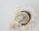 OOAK Cameo Style Oval Agate Brooch With Vintage Lace Setting