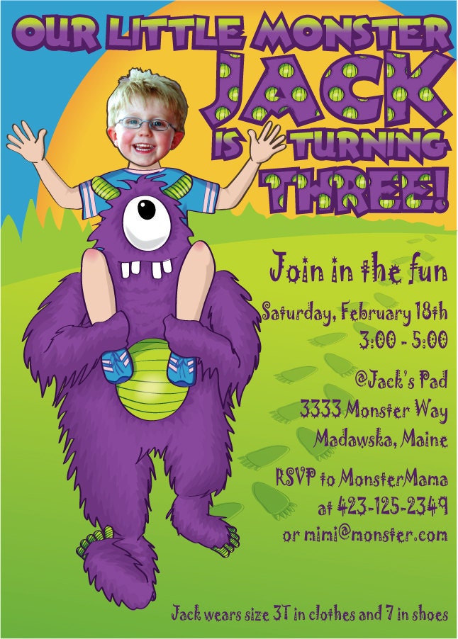 Monster Birthday Party Invitation DIGITAL FILE Personalized with photo