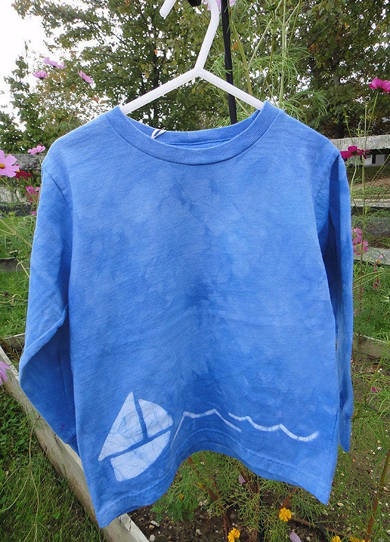 Kids T-Shirt: Blue with Batik Sailboat and Waves, Long Sleeves (5/6) READY TO SHIP