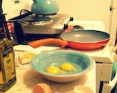 food photography, vintage style kitchen art, breakfast, eggs, cooking, aqua, yellow, orange. 8x12 - SUNDAY MORNING BREAKFAST